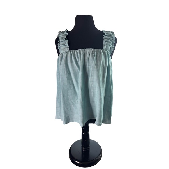 Tops - Light Blue Ruffle Strap Tie Back Textured Tank Top Square Neck Sleeveless Blouse